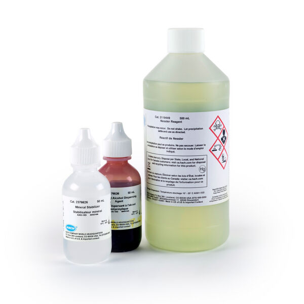 Ammoniakki-reagenssi 0-2.5 mg/l, Nessler 3 osaa, 250 testiä, UN2922 8.II + 6.I